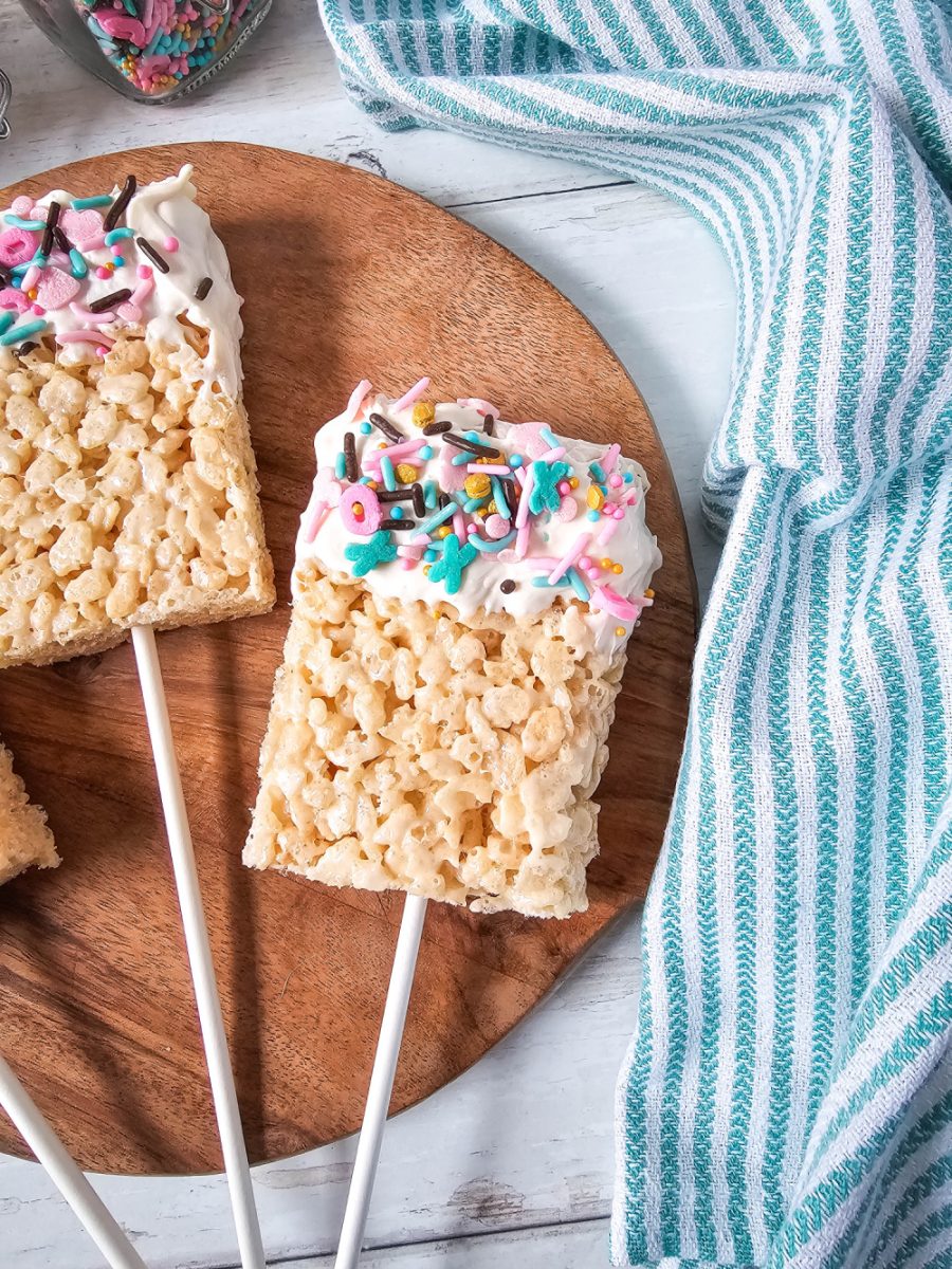 close up of rice cereal treat pops with sprinkles