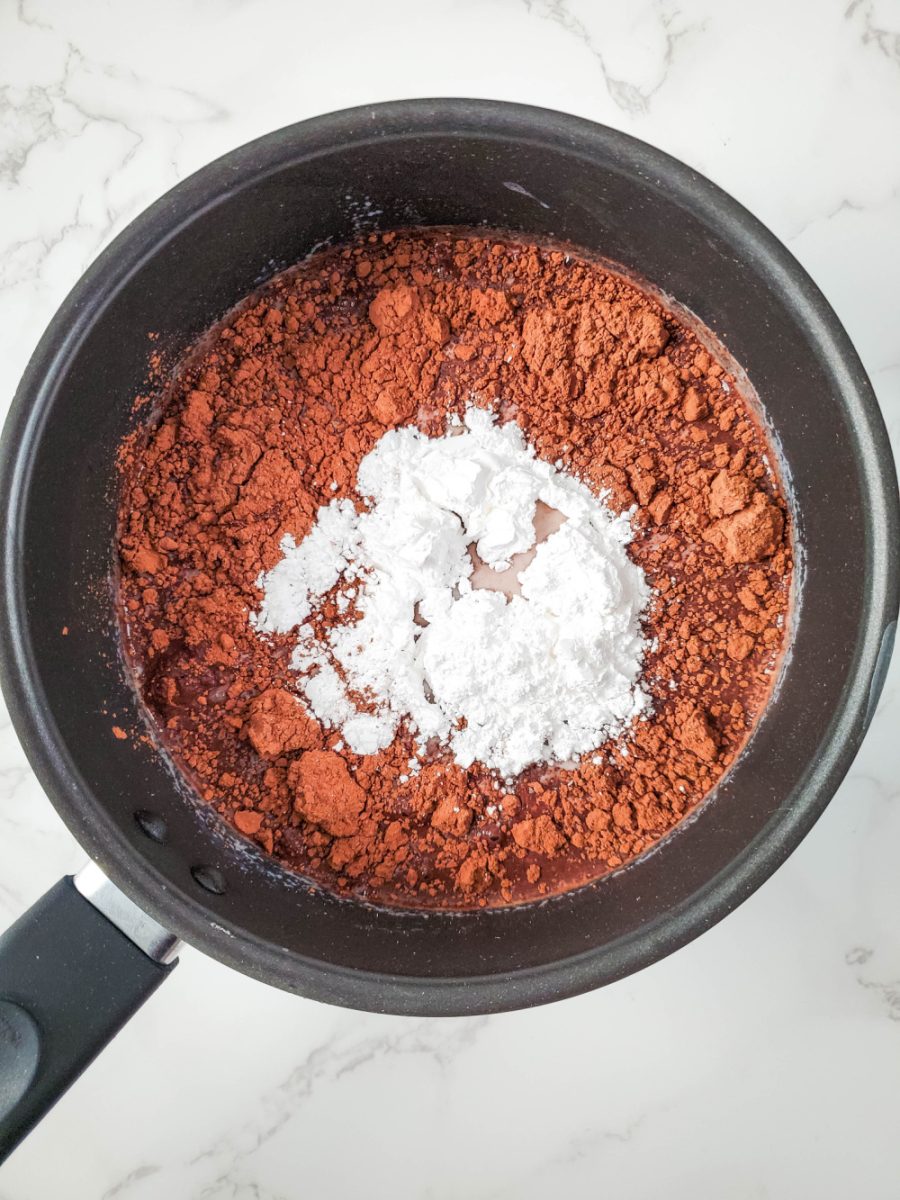 add powedered sugar, cocoa, and salt to milk in pot