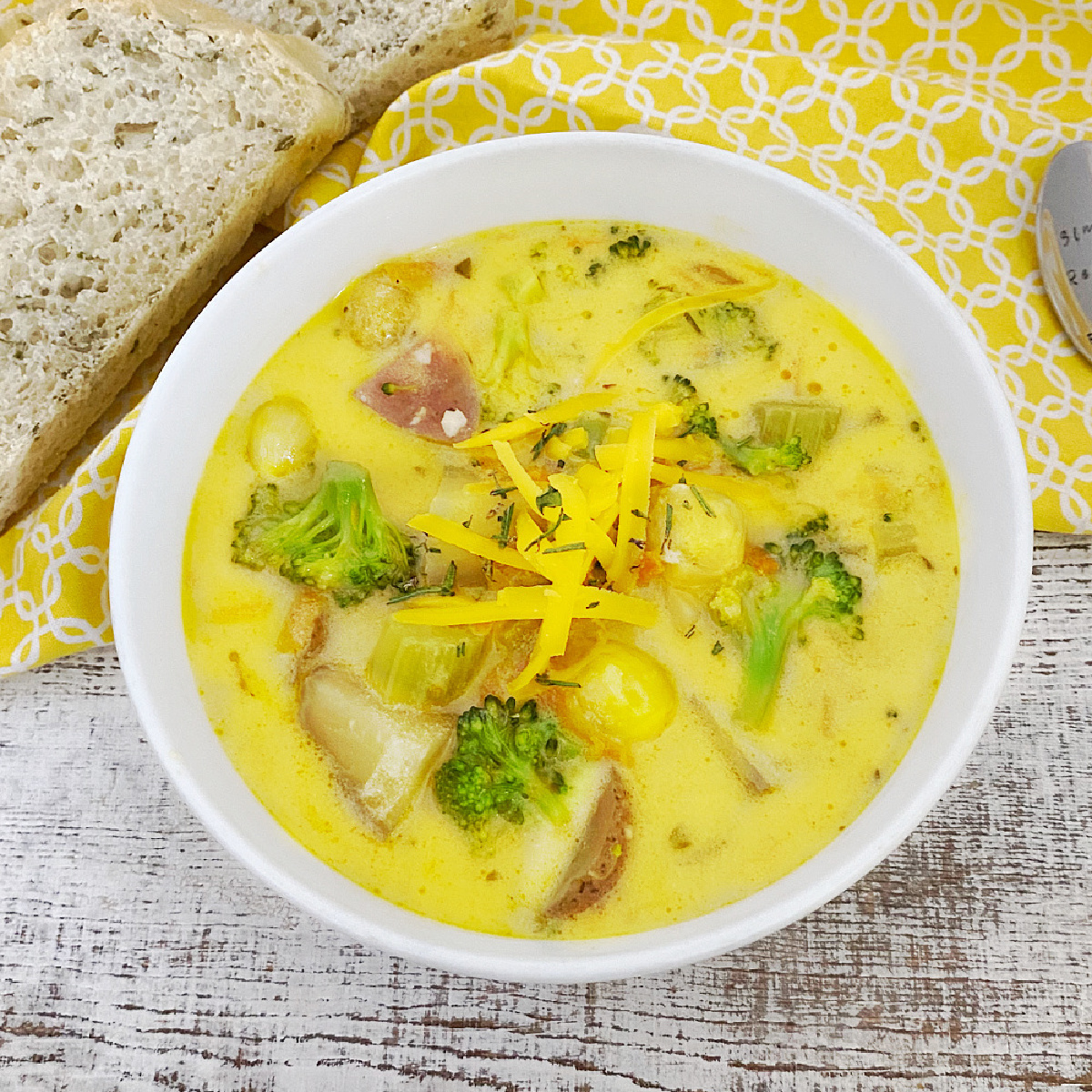 feature image of vegetable chowder with cheese in bowl