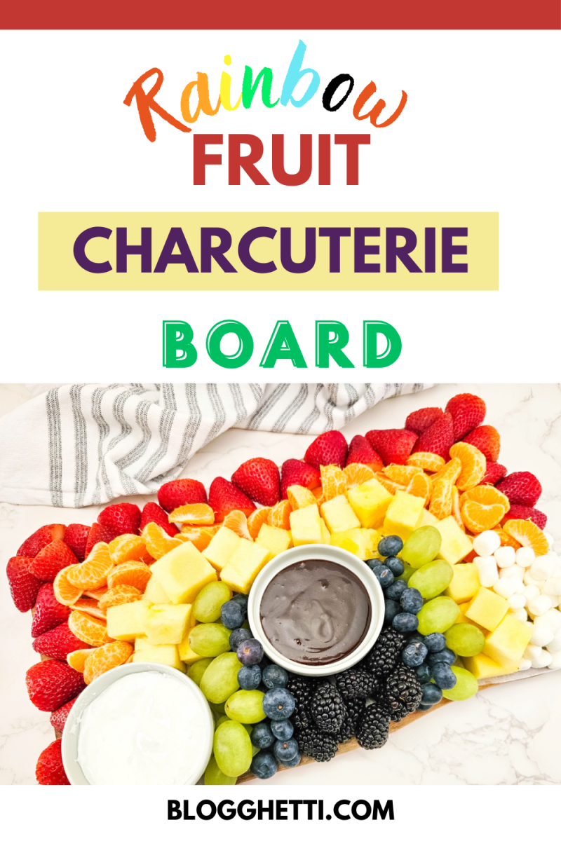 rainbow fruit charcuterie board image with text overlay