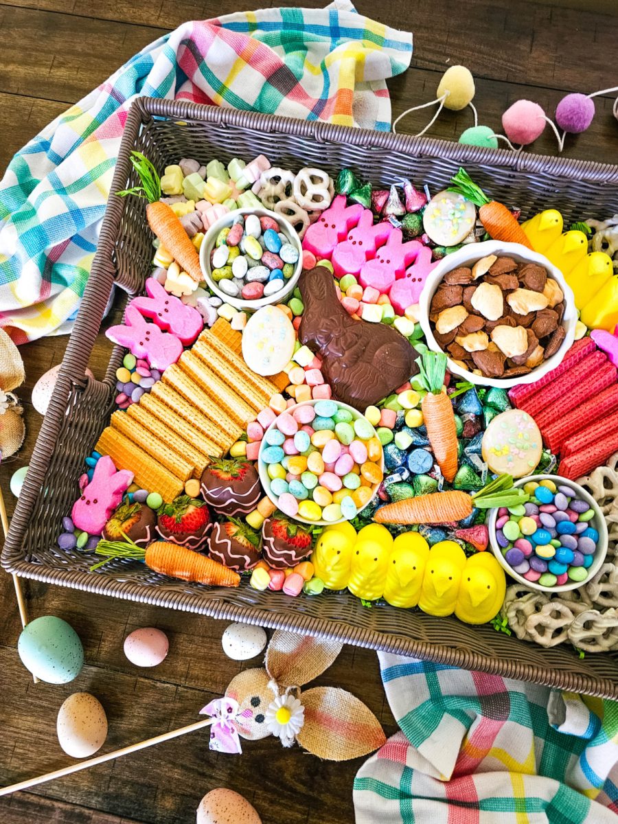 Easter Candy Charcuterie Board in basket tray