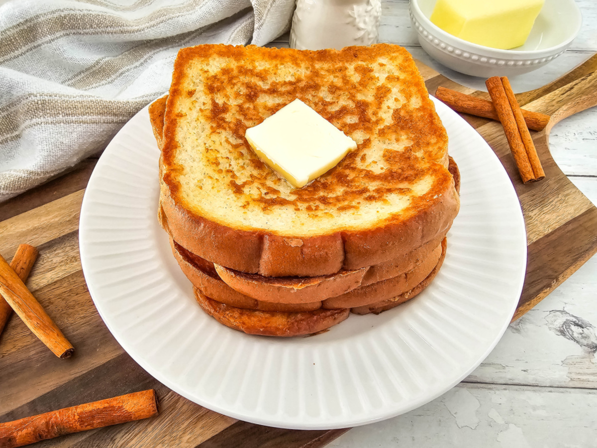 French toast made without eggs on white plate