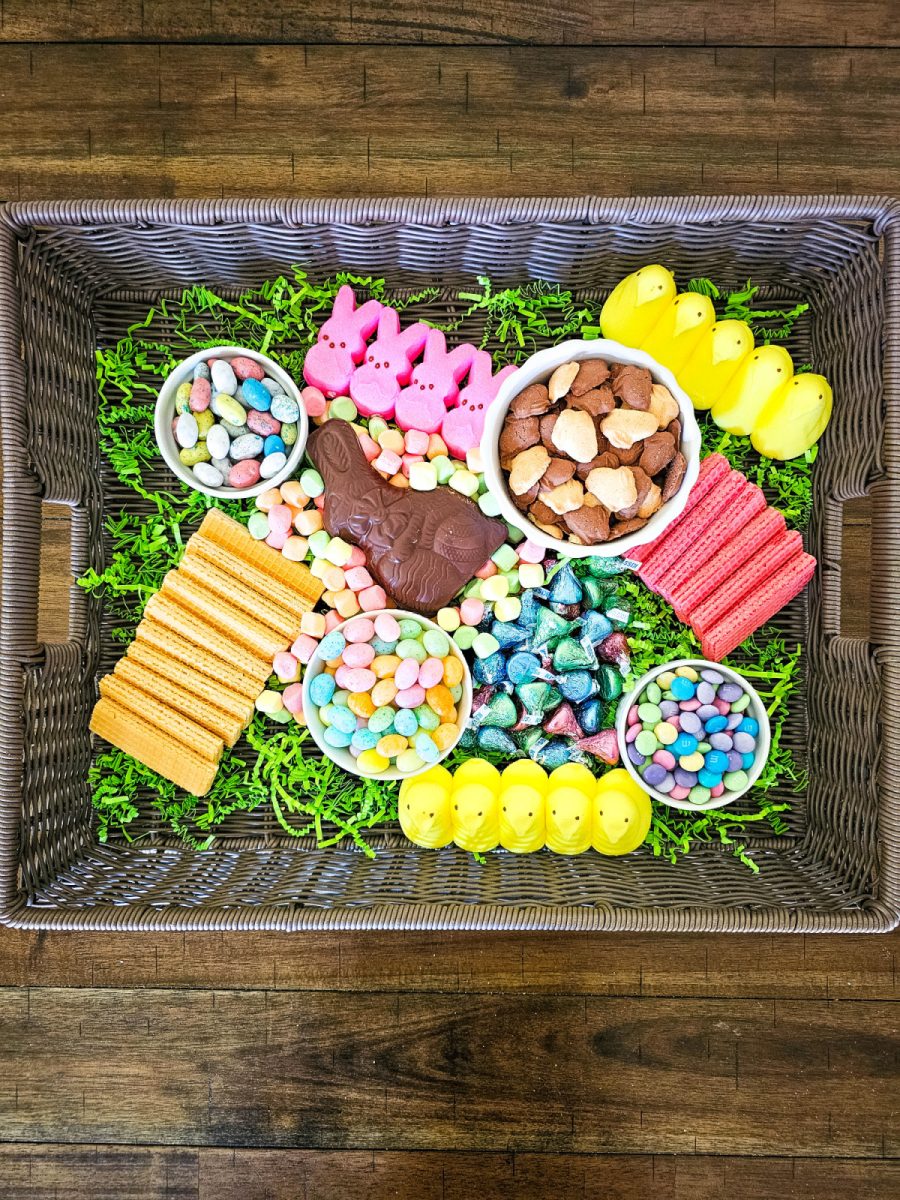 add chocolate bunny on top of mini marshmallows and more peeps