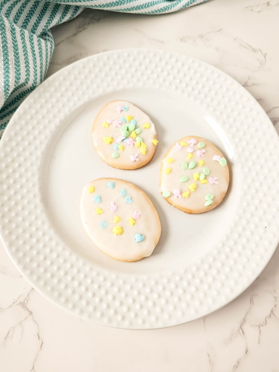 easter egg cut out sugar cookies on plate