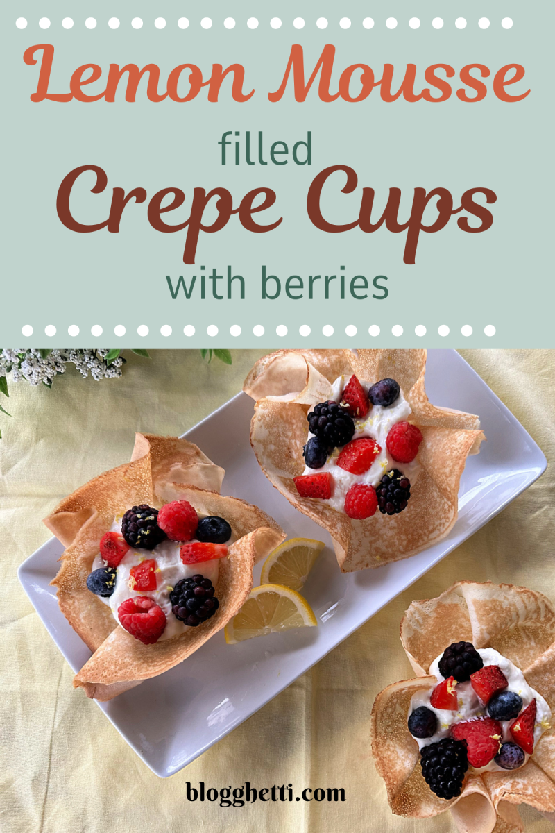 lemon mousse filled crepe cups with berries image with text