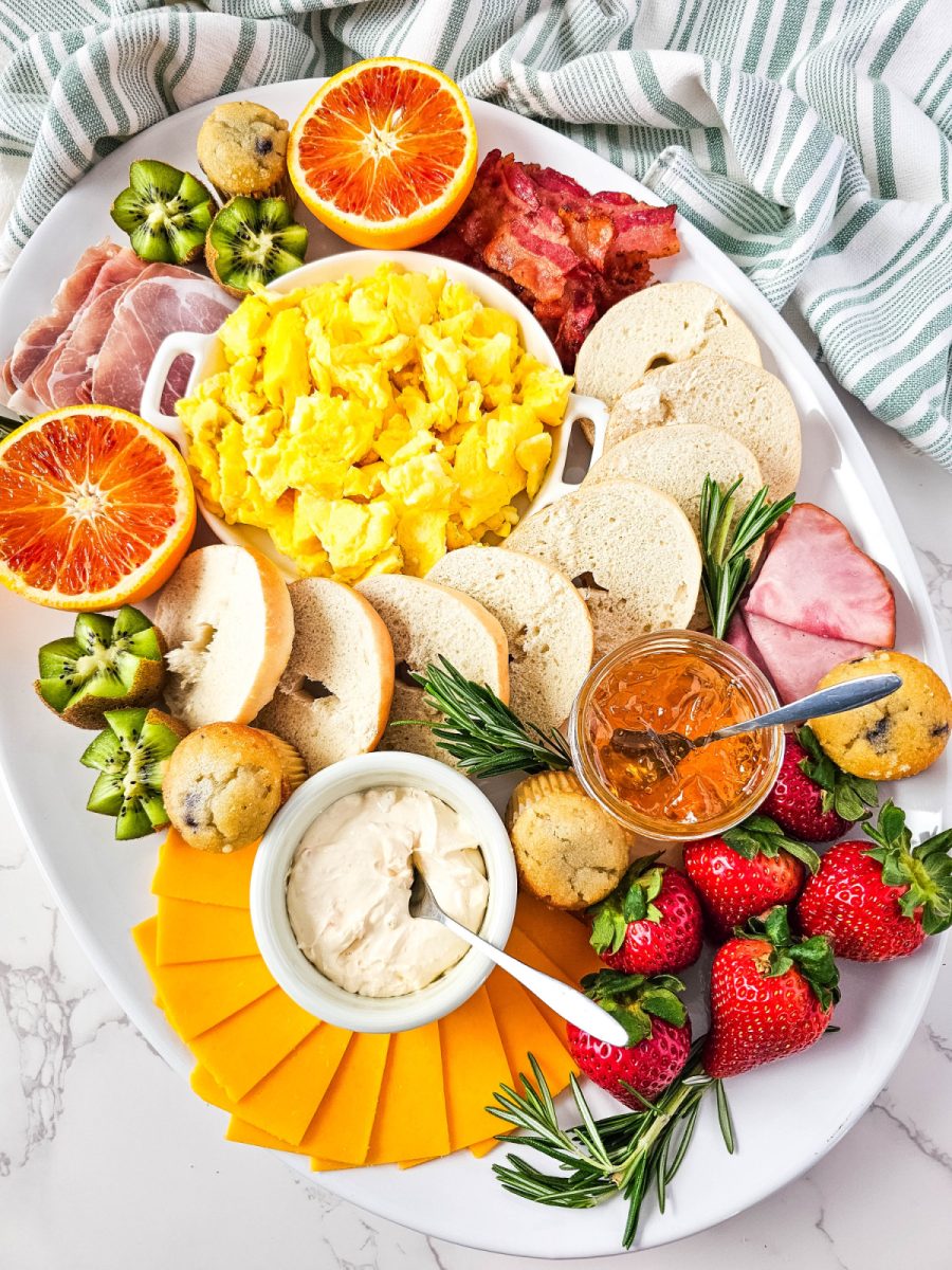 overhead view of brunch charcuterie board