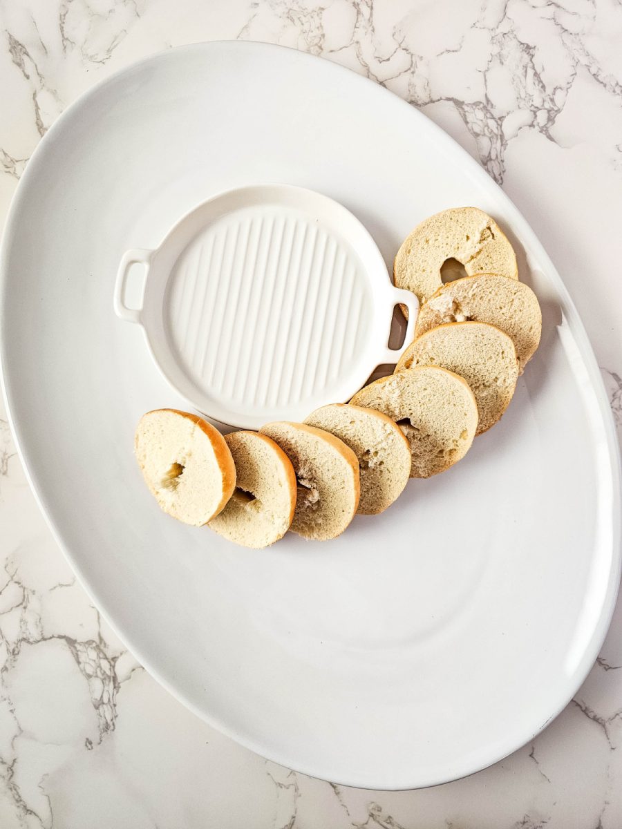 platter for eggs and arrange mini bagels around it