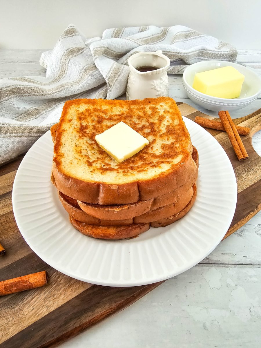 stack of french toast made without eggs