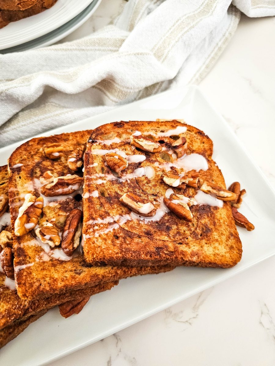 glazed pecan cinnamon bread french toast close up