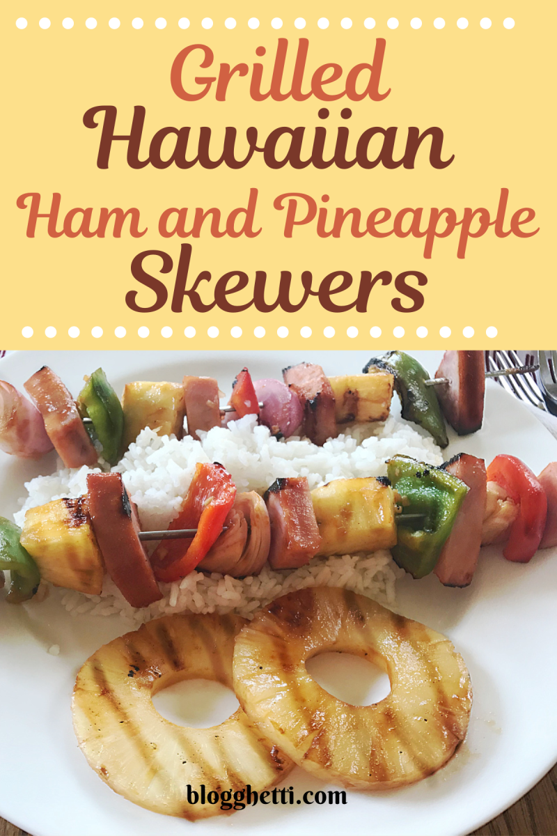 grilled hawaiian ham skewers image with text overlay