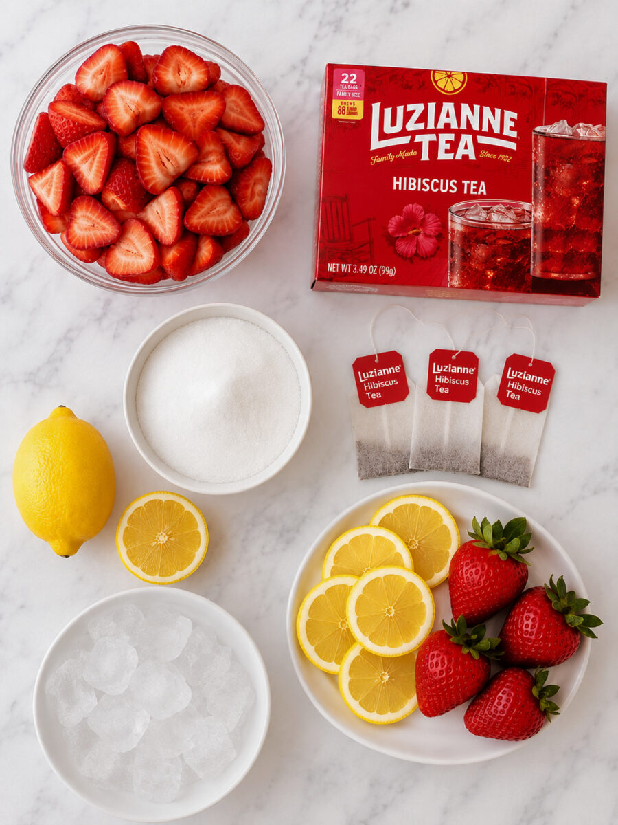 Ingredient flat lay for Strawberry Hibiscus Iced Tea featuring sliced strawberries, granulated sugar, a lemon, ice, Luzianne Hibiscus Tea family-size tea bags, fresh strawberries, and lemon slices arranged on a white marble surface.