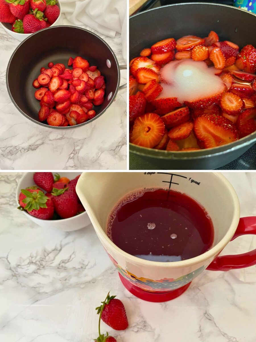 Process collage showing sliced strawberries in a saucepan, strawberries simmering with sugar and water, and finished homemade strawberry syrup strained into a measuring cup for Strawberry Hibiscus Iced Tea.