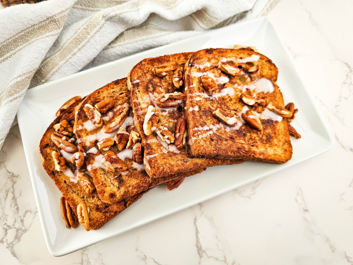 tray of cinnamon french toast with pecans