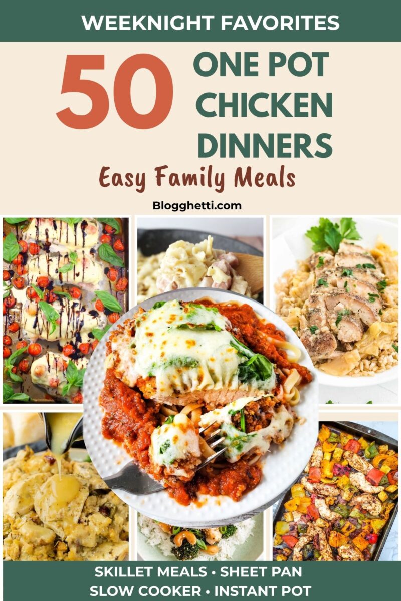 Pinterest pin for a collection of 50 one pot chicken dinner recipes. Collage includes skillet meals, sheet pan dinners, slow cooker recipes, and Instant Pot chicken meals for easy family dinners.