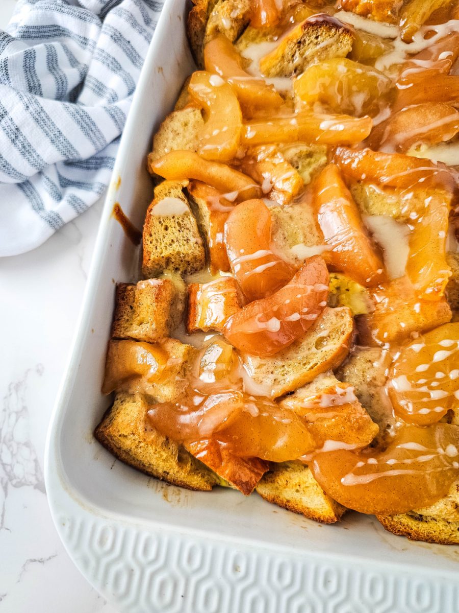apple pie filling with french toast in a casserole