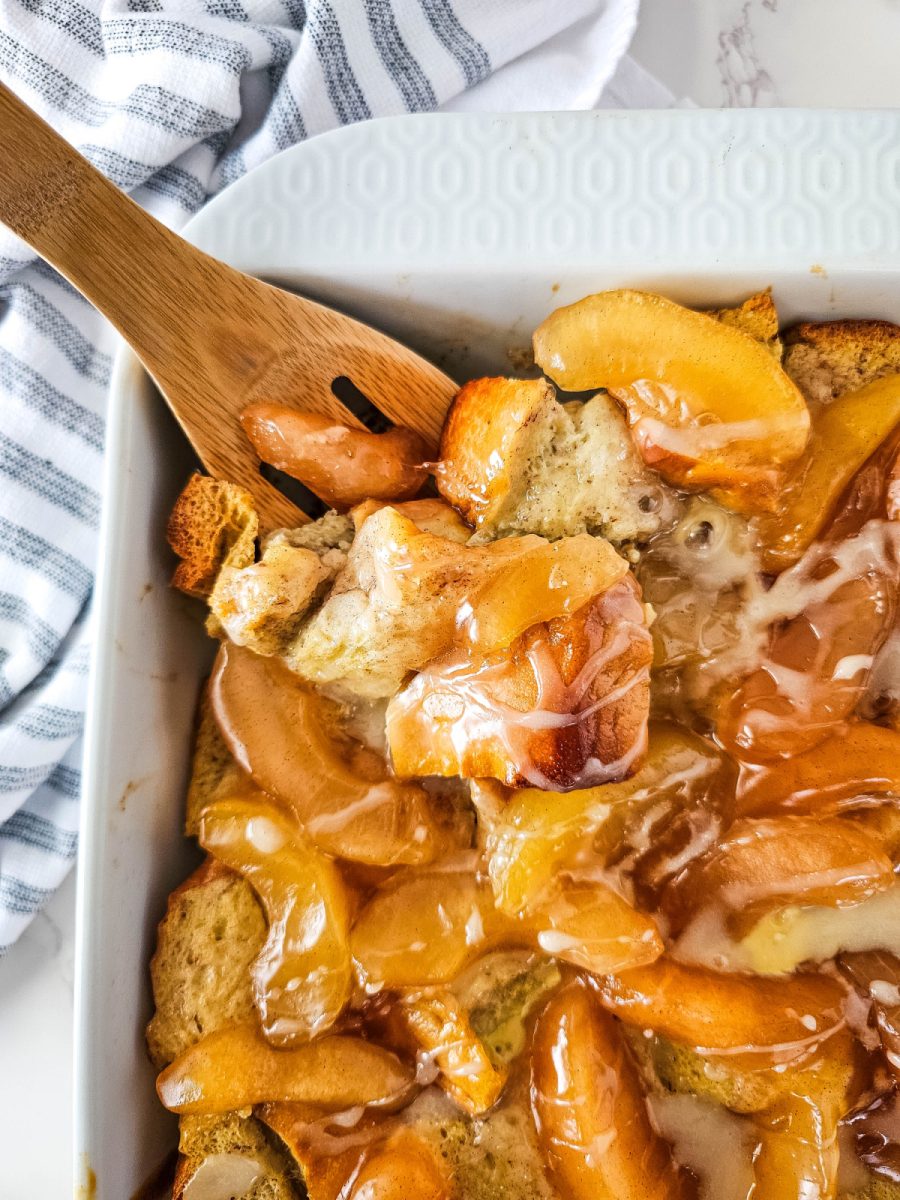 apple pie french toast in casserole dish