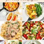 Pinterest pin for a collection of easy chicken dinner recipes for busy weeknights. Collage includes skillet meals, sheet pan dinners, slow cooker recipes, creamy chicken dishes, and one pot chicken meals.