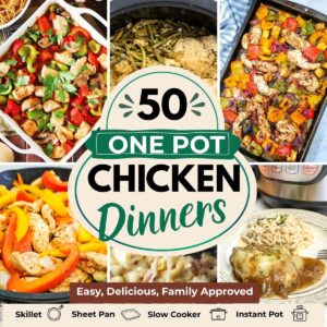 Pinterest pin for a collection of easy chicken dinner recipes for busy weeknights. Collage includes skillet meals, sheet pan dinners, slow cooker recipes, creamy chicken dishes, and one pot chicken meals.