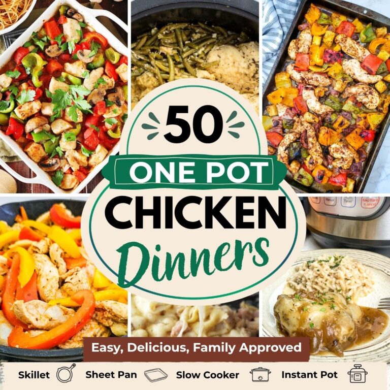 Pinterest pin for a collection of easy chicken dinner recipes for busy weeknights. Collage includes skillet meals, sheet pan dinners, slow cooker recipes, creamy chicken dishes, and one pot chicken meals.
