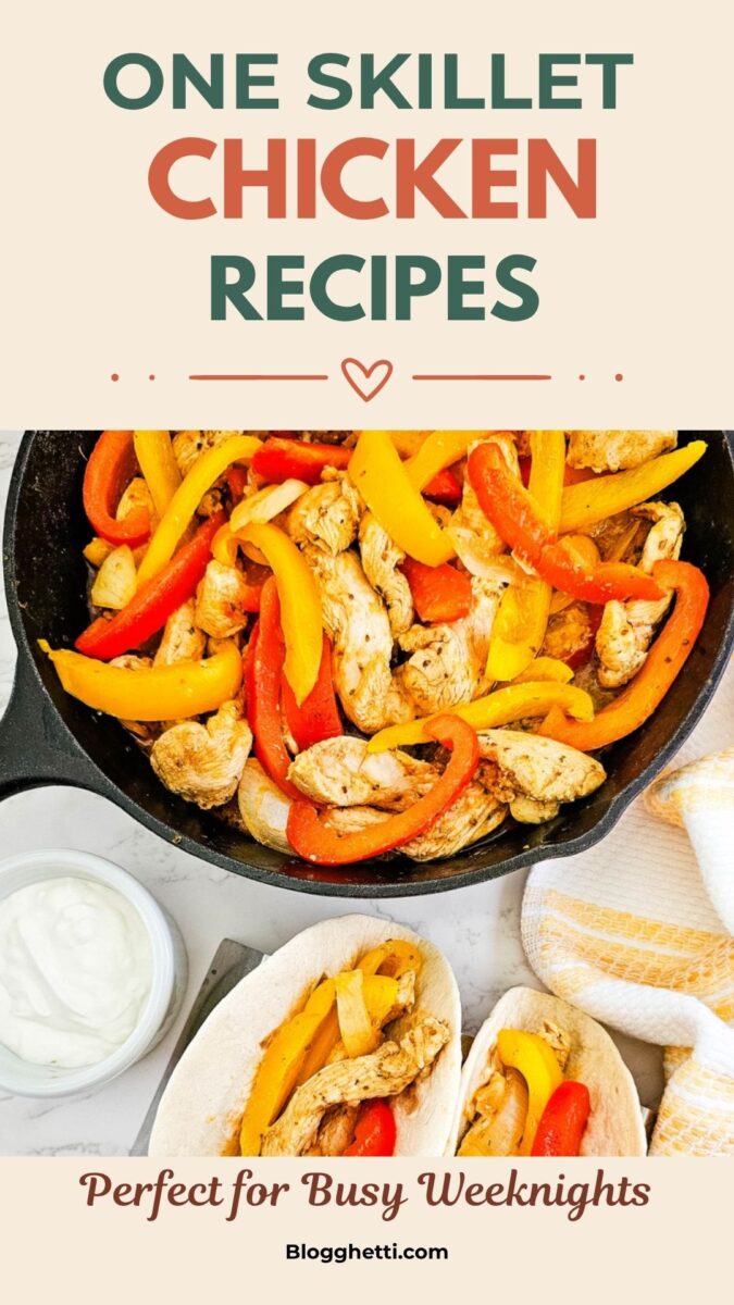 Pinterest pin for a collection of one skillet chicken recipes. The image shows a cast iron skillet filled with chicken and colorful peppers, with tacos served alongside.