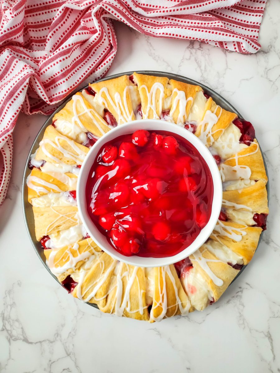 overhead view of cherry cheesecake ring