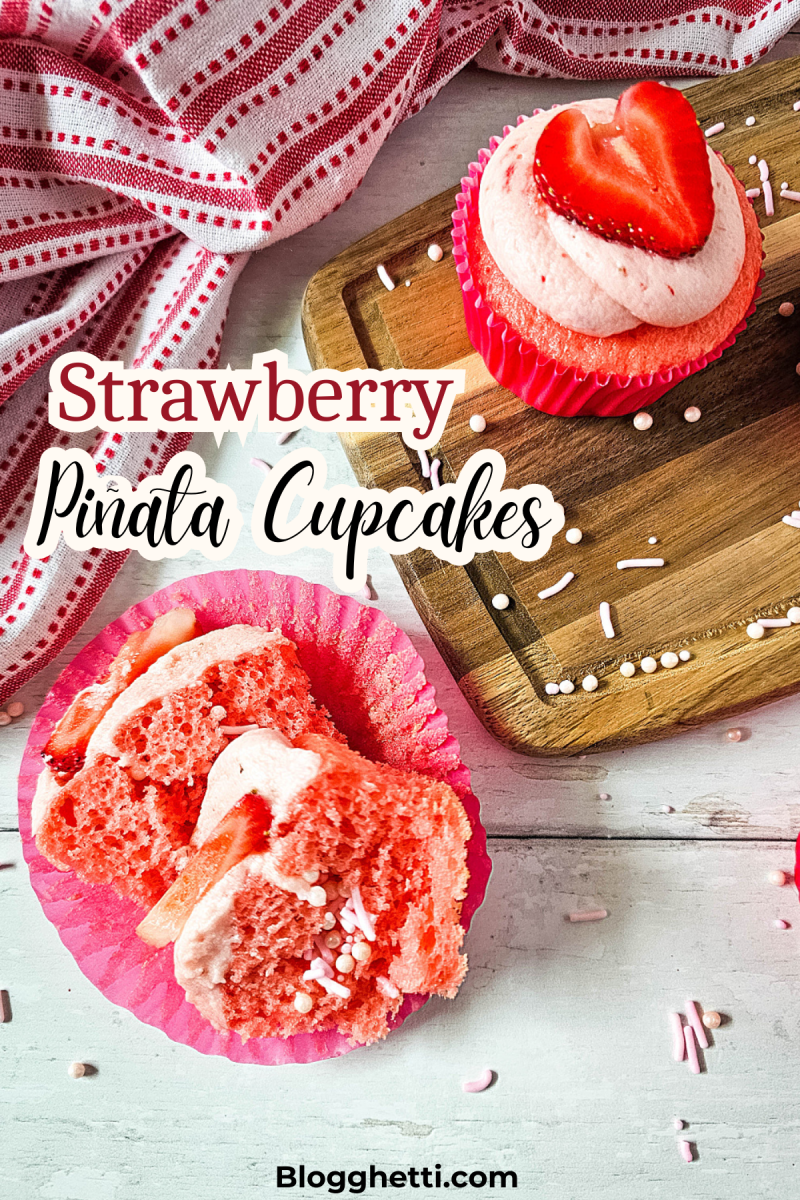 Strawberry Piñata Cupcakes image with text