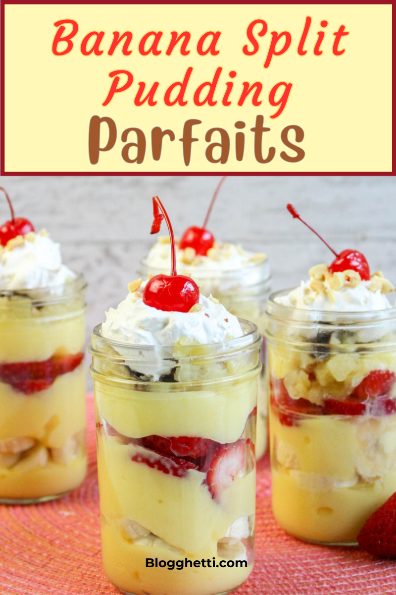 banana split pudding parfait image with text