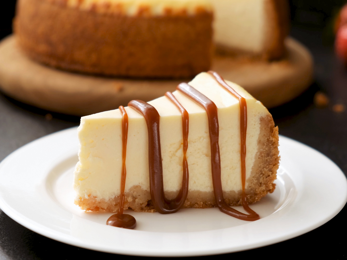 cheesecake drizzled with caramel sauce