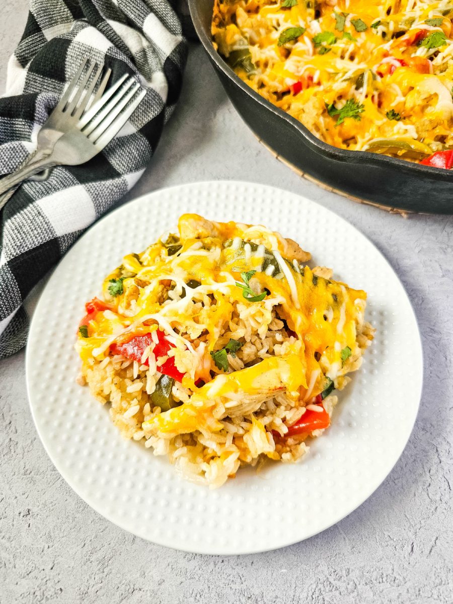 close up of chicken rice skillet meal