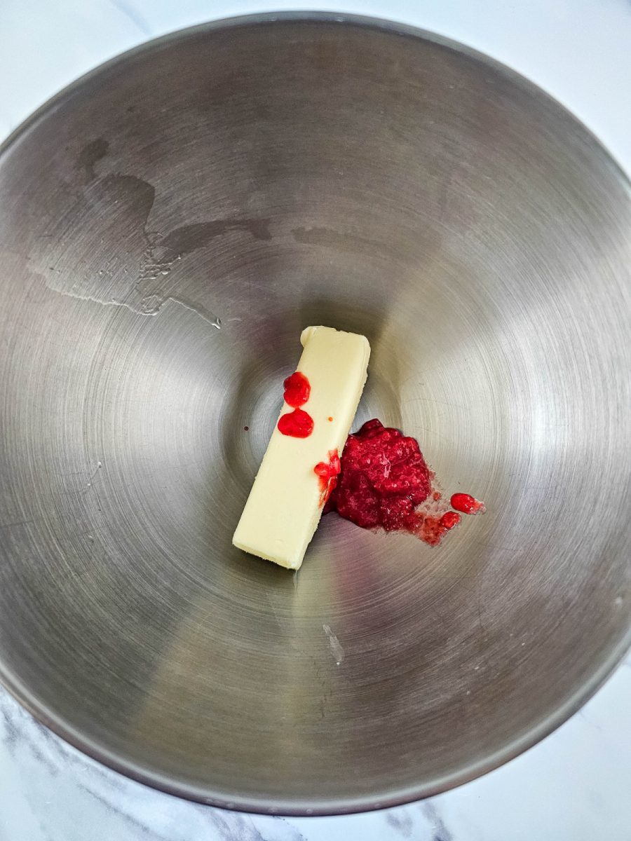 cream the butter and the strawberry puree in bowl