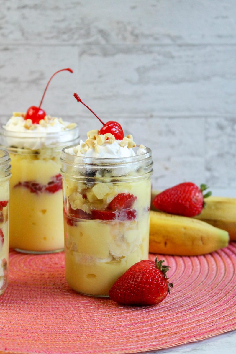 dessert in a jar with fruit and pudding