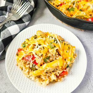 feature image of chicken and rice fajita casserole