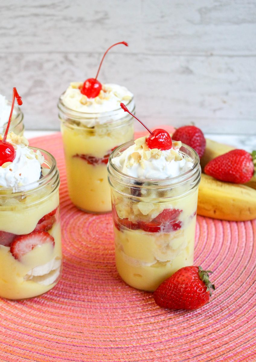 fruit and pudding desserts in mason jars