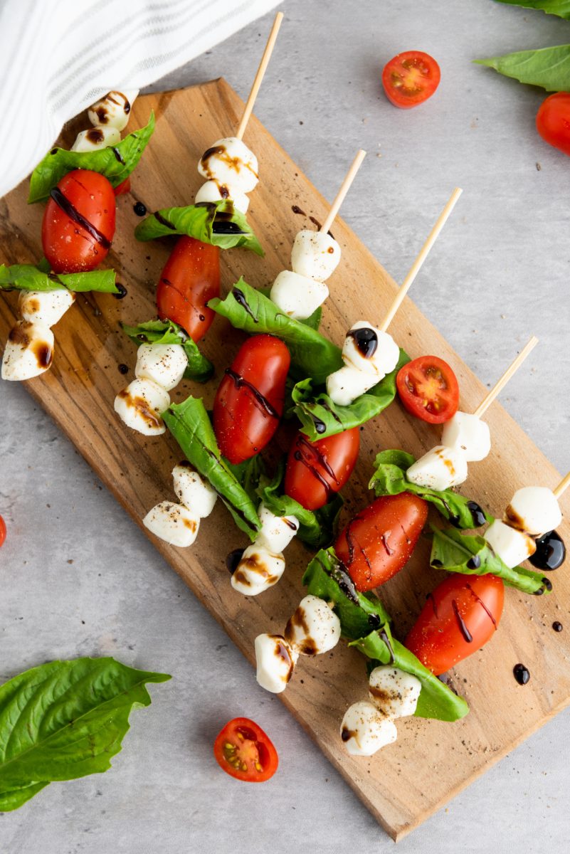 overhead view of Italian salad skewers