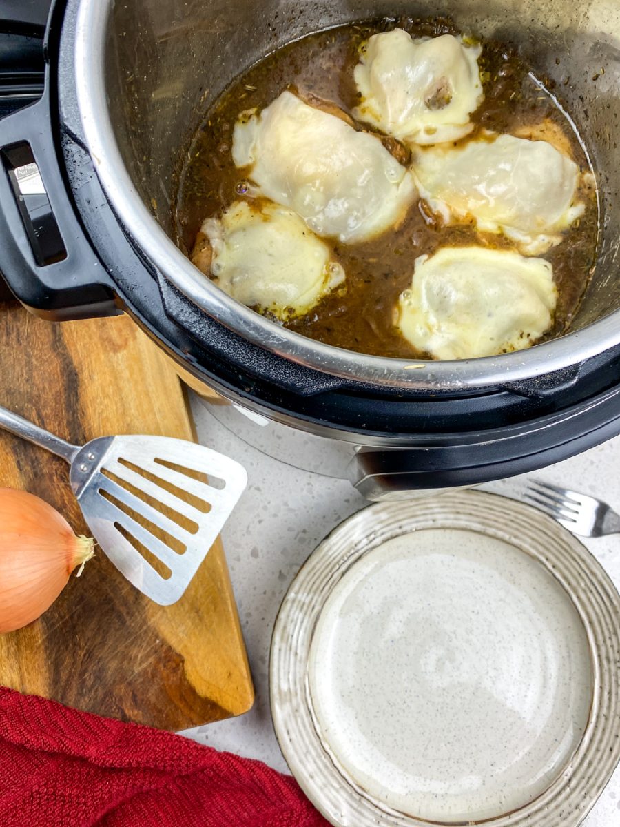 overhead view of chicken cooked in pressure cooker