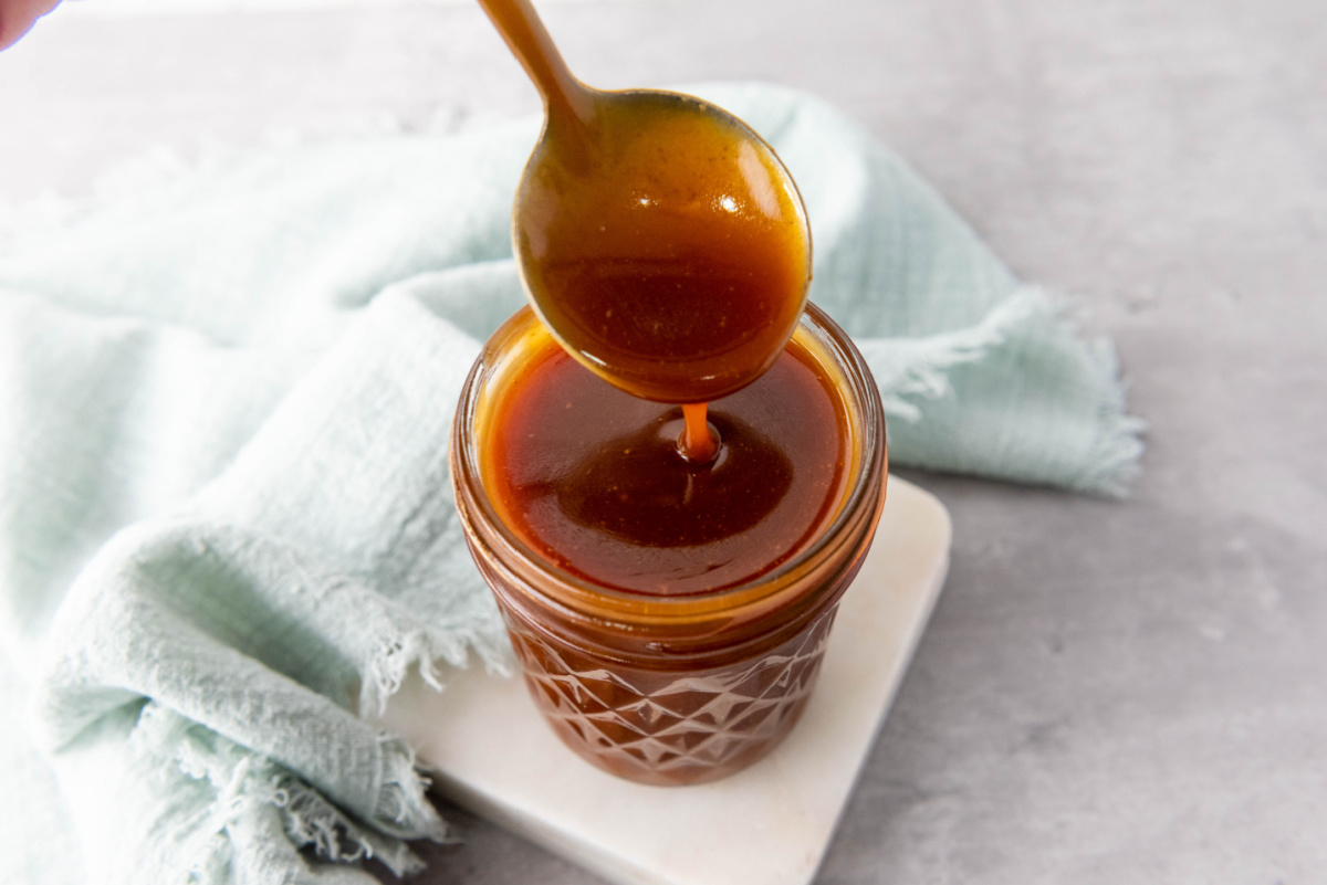 overhead view of homemade caramel sauce