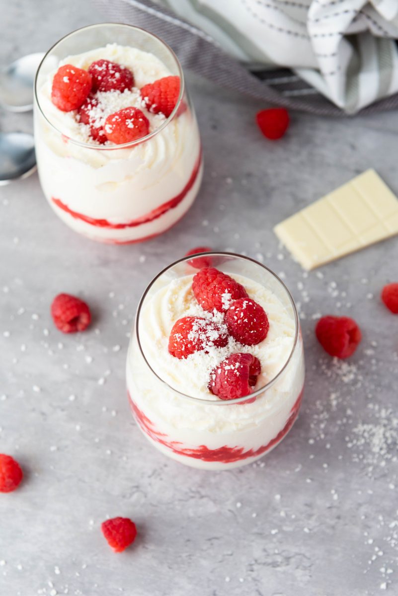 overhead view of white chocolate fruity dessert