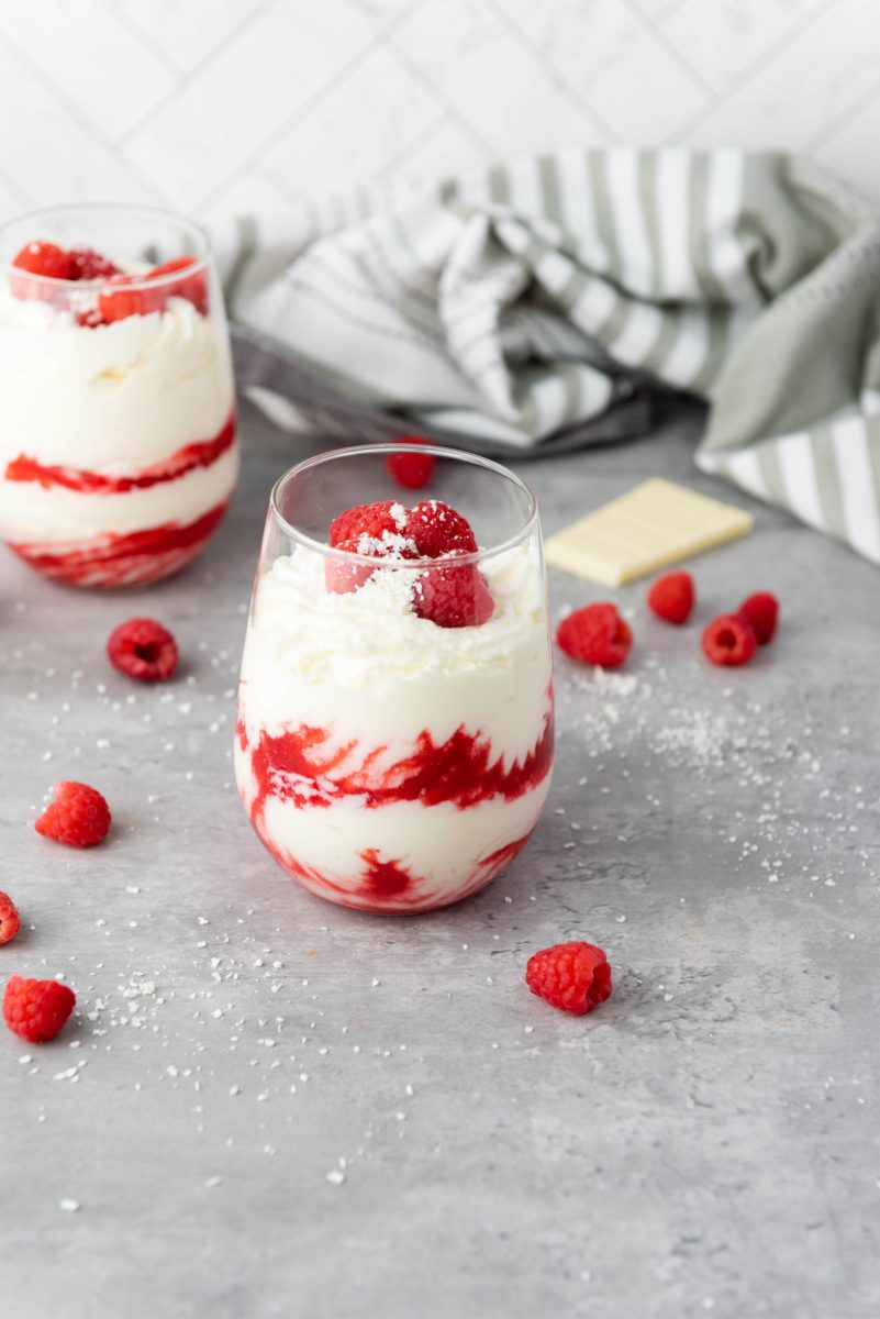 raspberry and white chocolate mousse in dessert glass