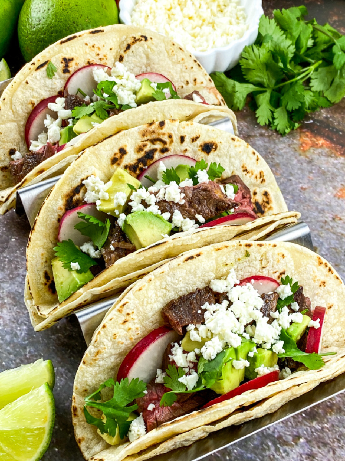 3 steak street tacos on tray