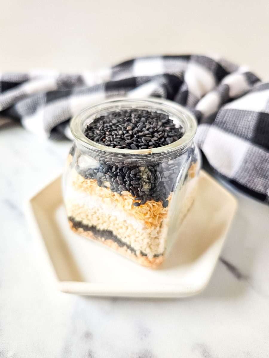 bagel seasoning layered in glass jar