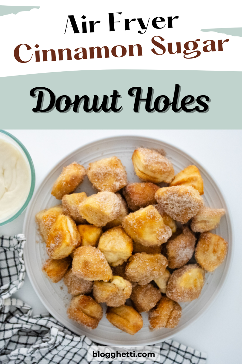 cinnamon sugar air fryer donut holes image with text