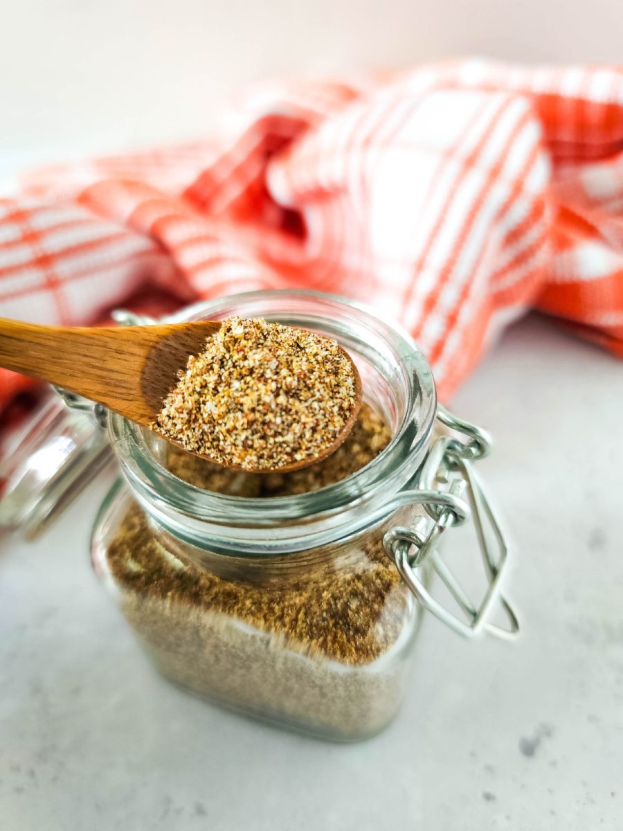 close up of spoon with steak seasoning mix on it