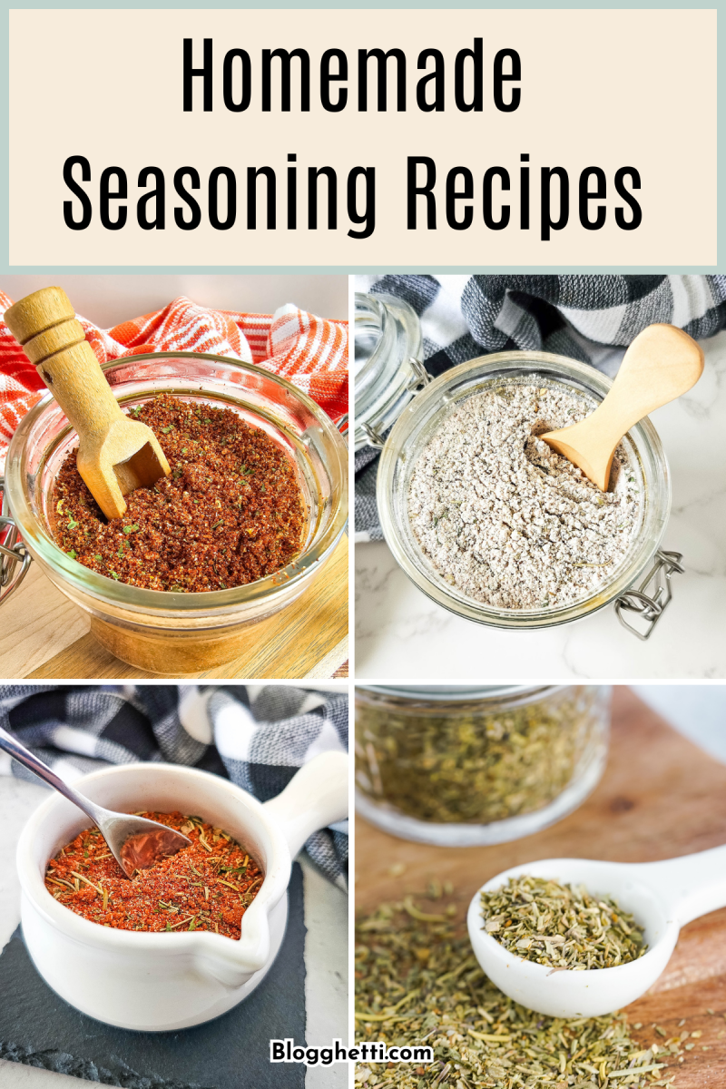 Four homemade seasoning recipes in glass jars. The top left image shows a brown seasoning blend with a wooden scoop. The top right image shows a lighter-colored seasoning blend with a wooden scoop. The bottom left image shows a red seasoning blend with a spoon. The bottom right image shows a dried oregano seasoning with a measuring spoon. The image is labeled "Homemade Seasoning Recipes" 