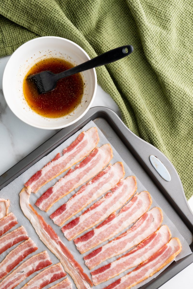 cut bacon slices and place on pan