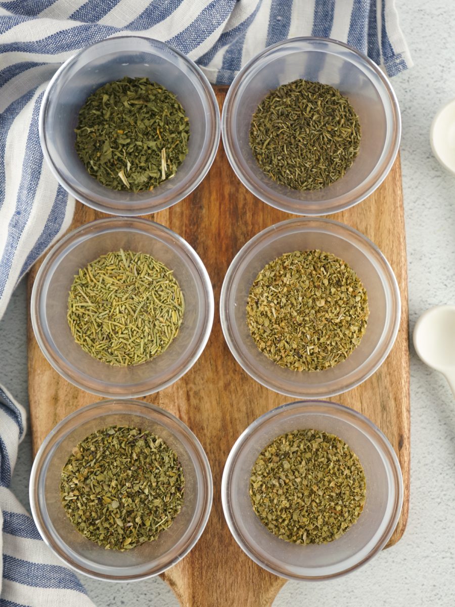 dried herbs in small bowls