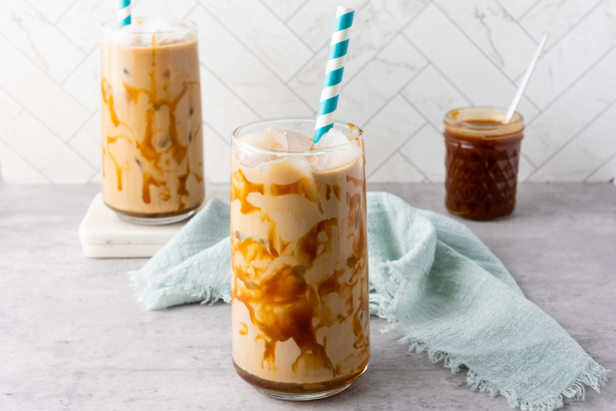 iced coffee with caramel in glasses