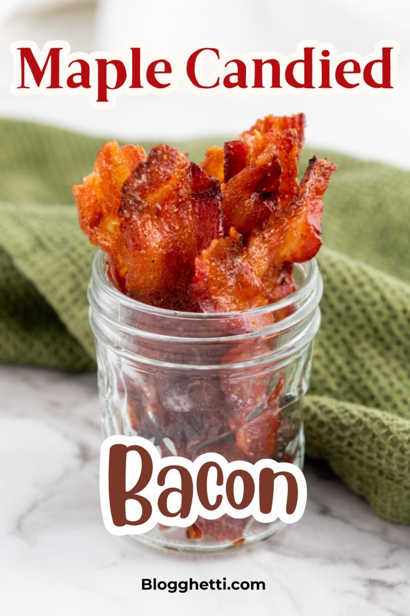 maple candied bacon image with text overlay