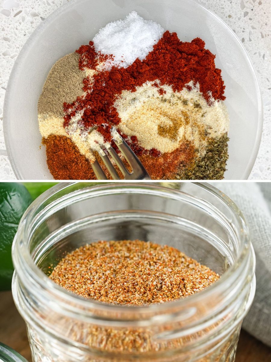 mixing the spices in bowl and jar