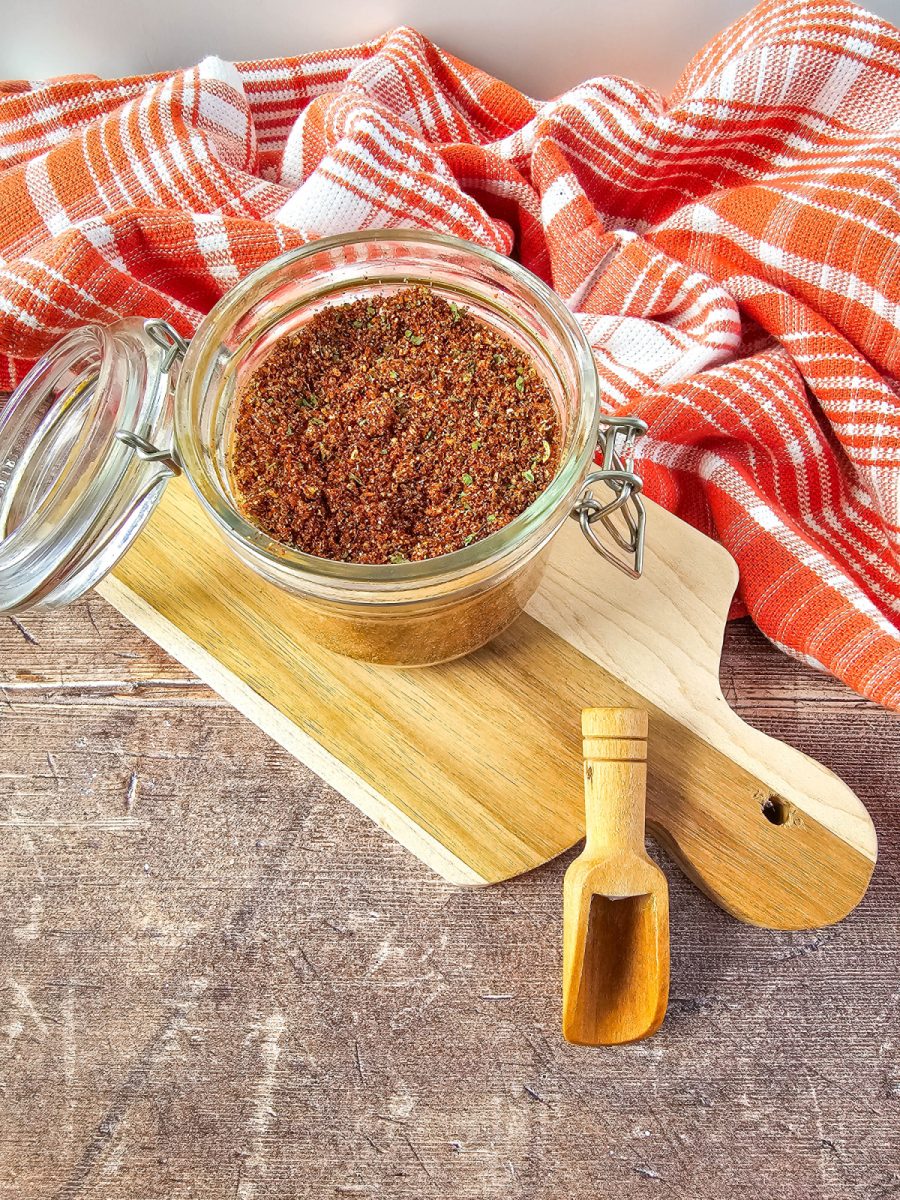 overhead image of jar with street corn spices