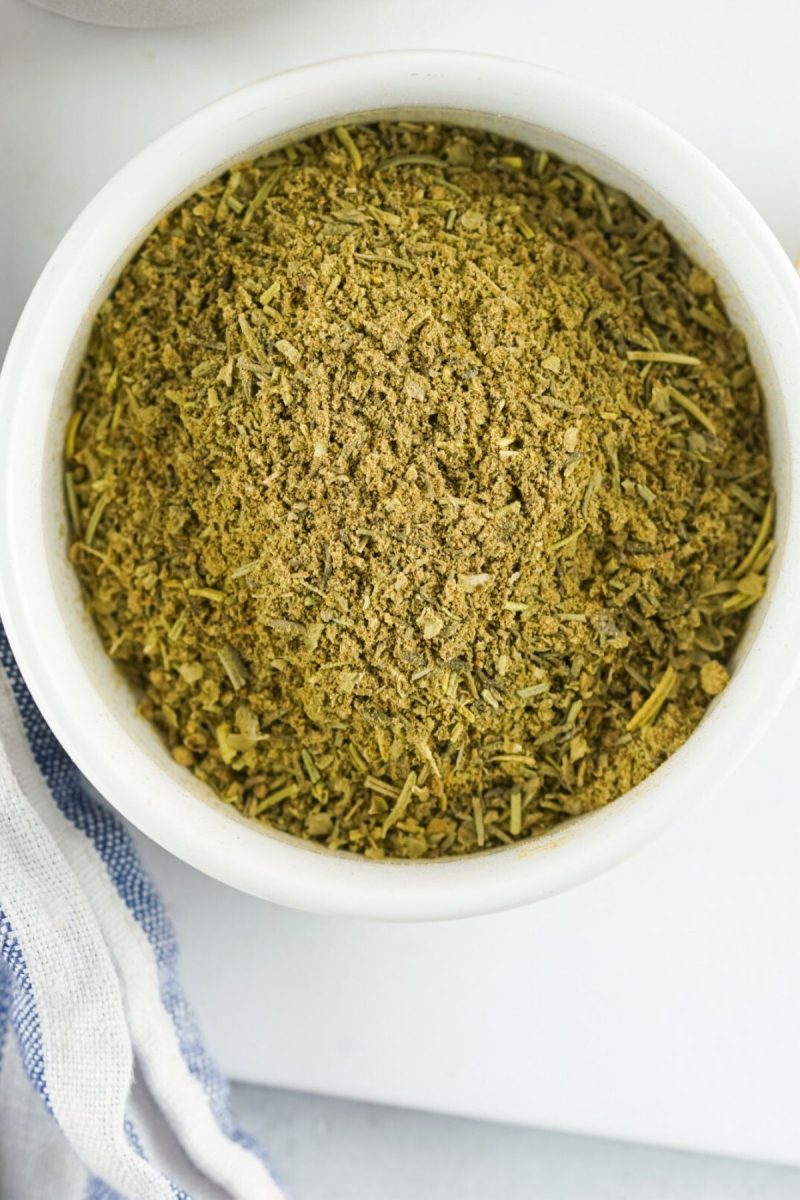 overhead view of spices in white bowl